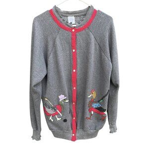 Pannill XL Gray Snap Button Cardigan Folk Art Duck Goose Applique USA Grannycore